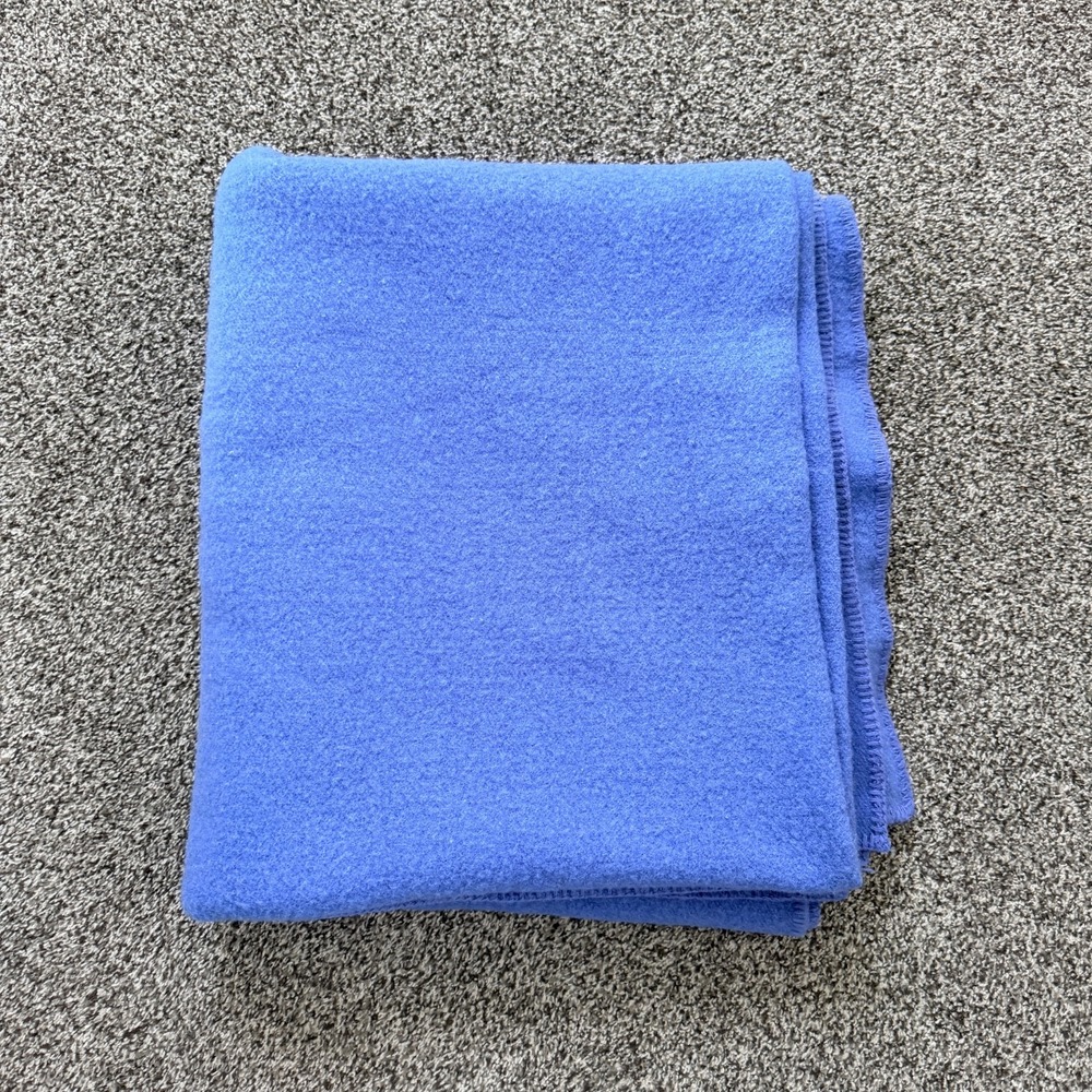 VTG 90's Lands End Coming Home Virgin Wool Blanket Stitched Ends Blue Twin 74x66